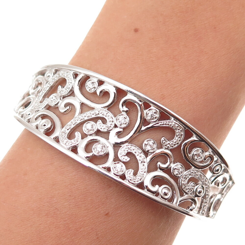 925 Sterling Silver Round-Cut C Z Floral Scroll Bracelet 6.75"